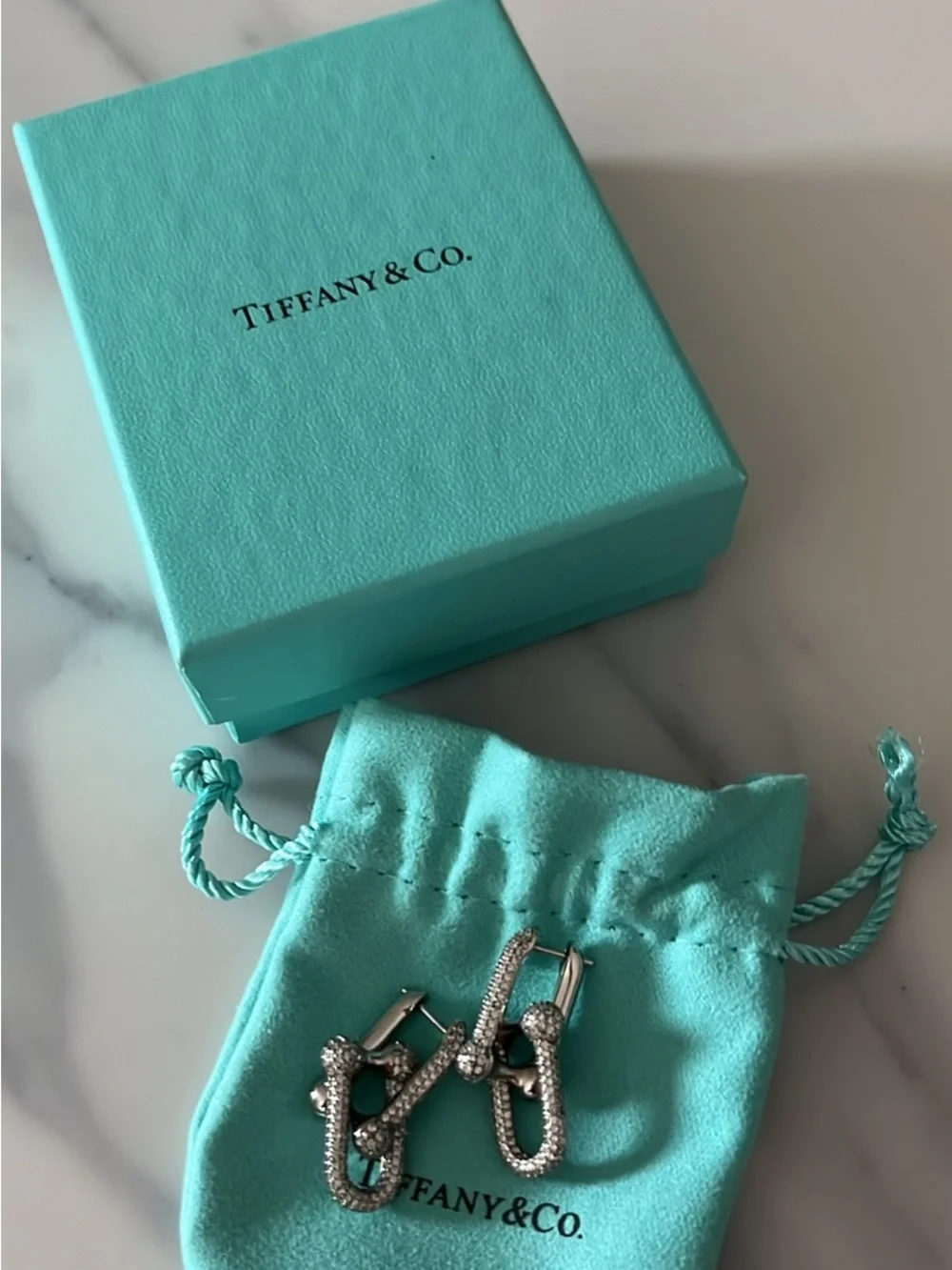 Tiffany & Co. Tiffany Blue Pouch with Silver Pavé Link Earrings